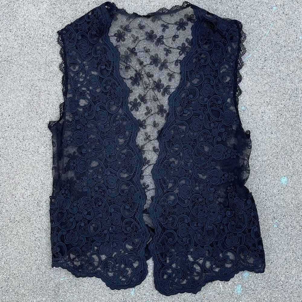 Vintage lace sheer vest preloved XS made in USA open front boho peasant festival